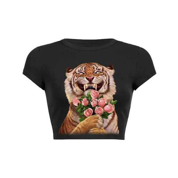 Smiling Tiger with Roses Crop Top Baby Tee