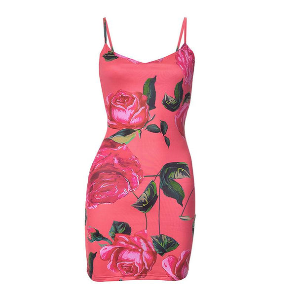 Rose print v neck backless cami mini dress