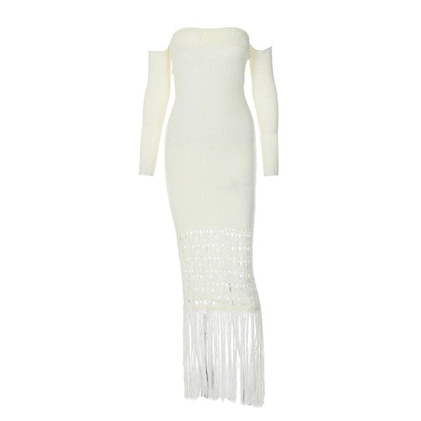 Sweetheart neck off shoulder tassels knitted maxi dress