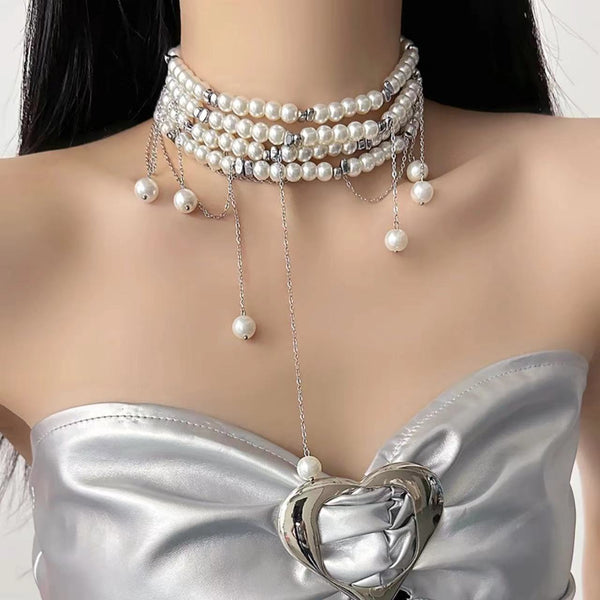 White faux pearl layered choker necklace