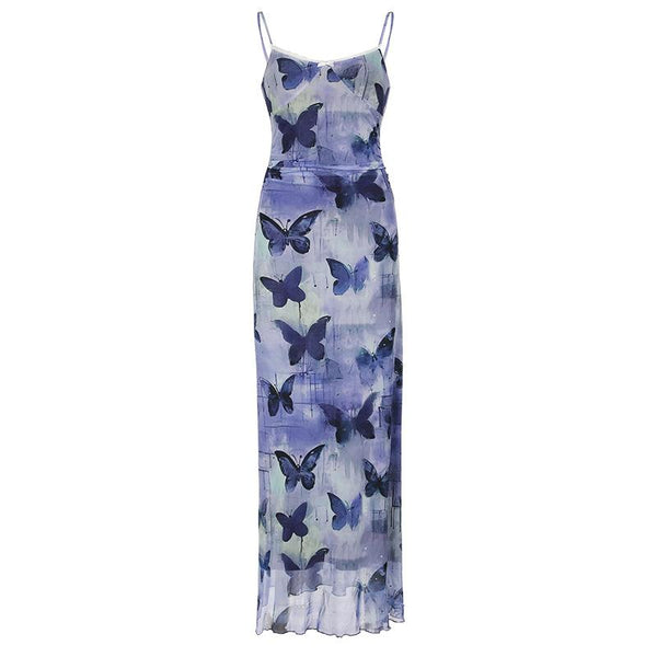 Sheer mesh lace hem butterfly print cami maxi dress