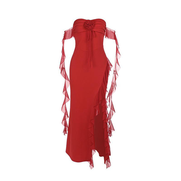 Ruched flower applique slit ruffle maxi dress