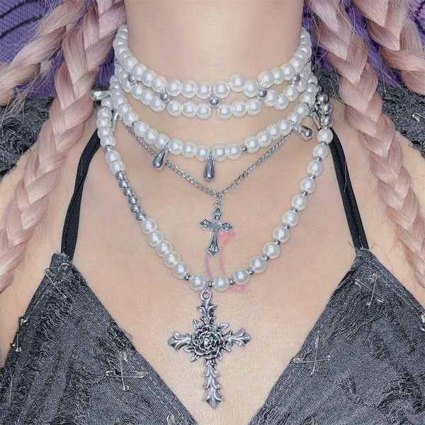 Beaded cross decor metal chain 3pcs necklace