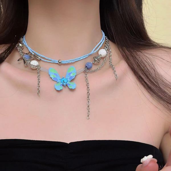Butterfly beaded layered choker necklace