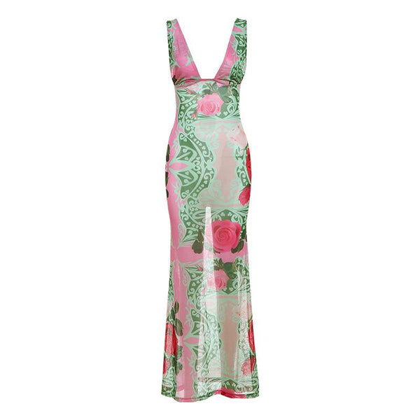 Sheer mesh contrast flower print cami maxi dress