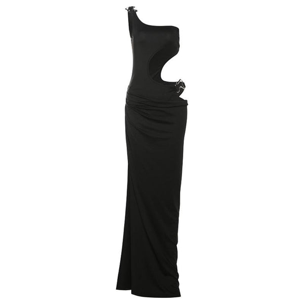 One shoulder hollow out high slit irregular maxi dress