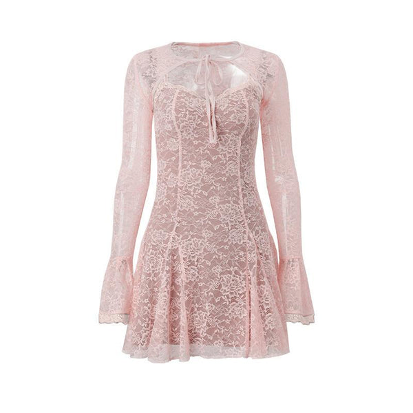 Long flared sleeve lace shrug cami mini dress