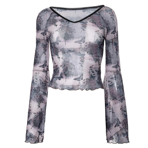 Long flared sleeve butterfly print sheer mesh top