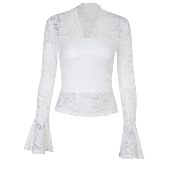 Long flared sleeve v neck lace solid top