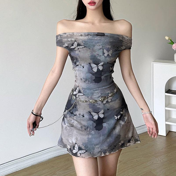 Off shoulder butterfly print ruched mini dress