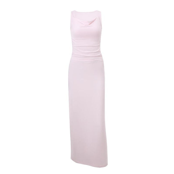 Cowl neck ruched solid tank maxi dress