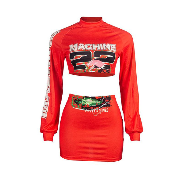 Long sleeve letter print crop mini skirt set