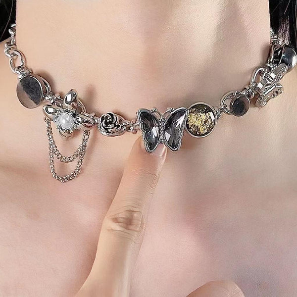 Butterfly rhinestone metal chain choker necklace