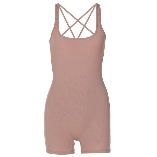 U neck cross back solid romper