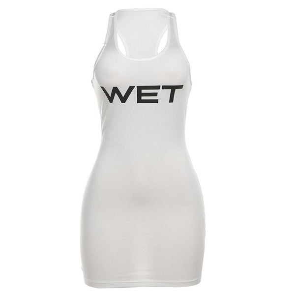 U neck “WET” print sleeveless tank mini dress