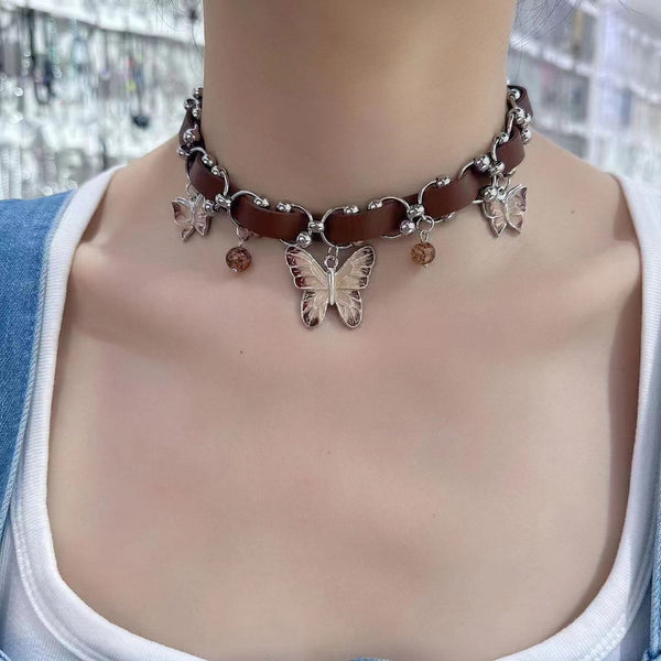 Butterfly pendant PU leather choker necklace