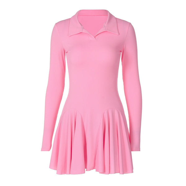 Turnover collar long sleeve solid mini dress