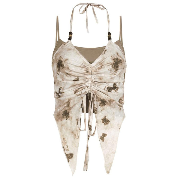 Halter butterfly print drawstring crop top