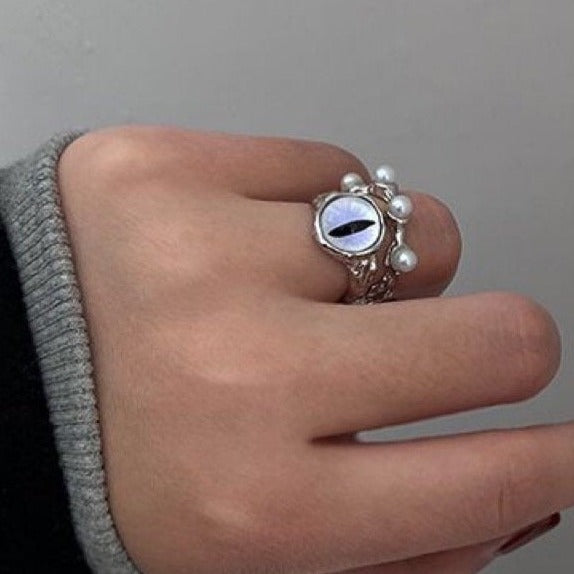 Purple eye decor open faux pearl ring