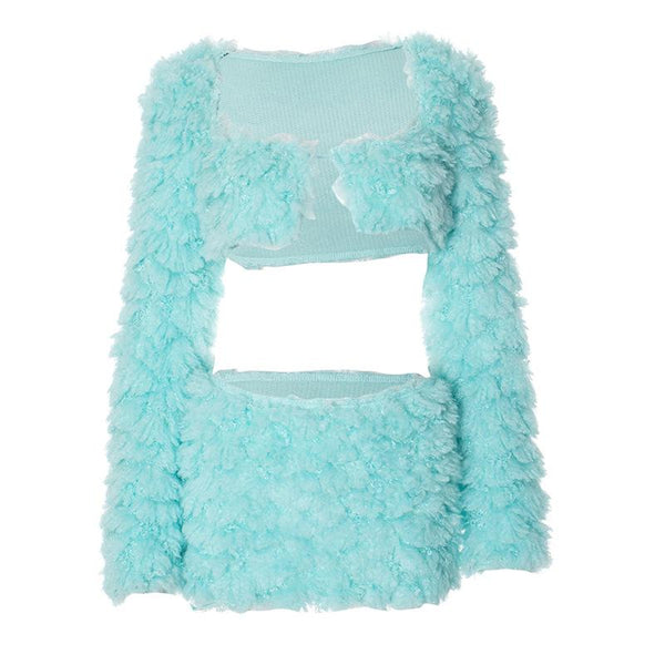 Long sleeve fluffy square neck slit solid mini skirt set