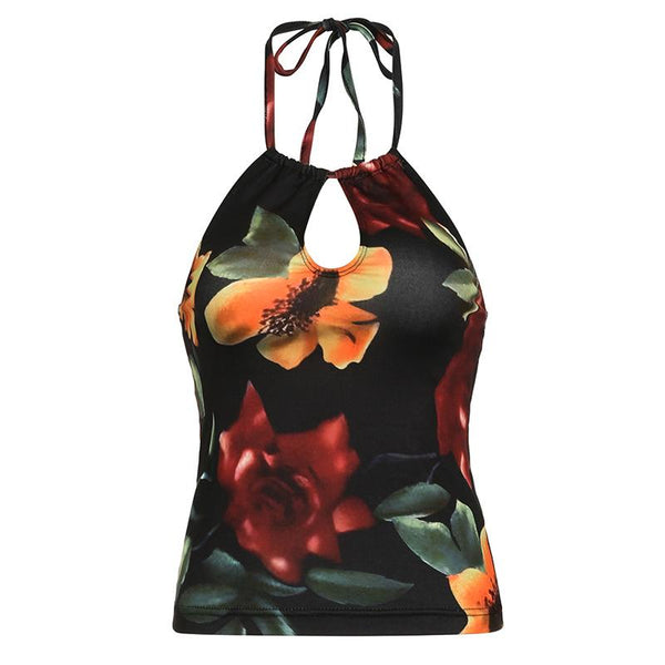 Halter drawstring ruched hollow out flower print top