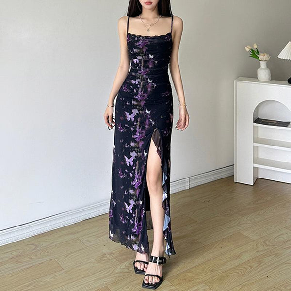 Butterfly print lace hem slit mesh cami maxi dress