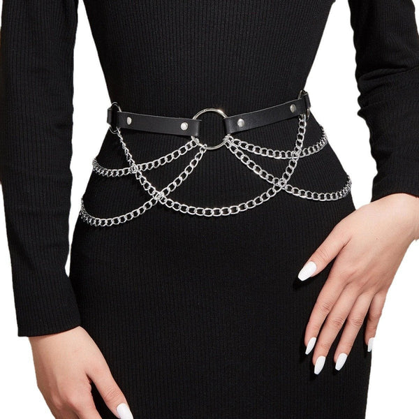 Metal chain o ring PU leather belt