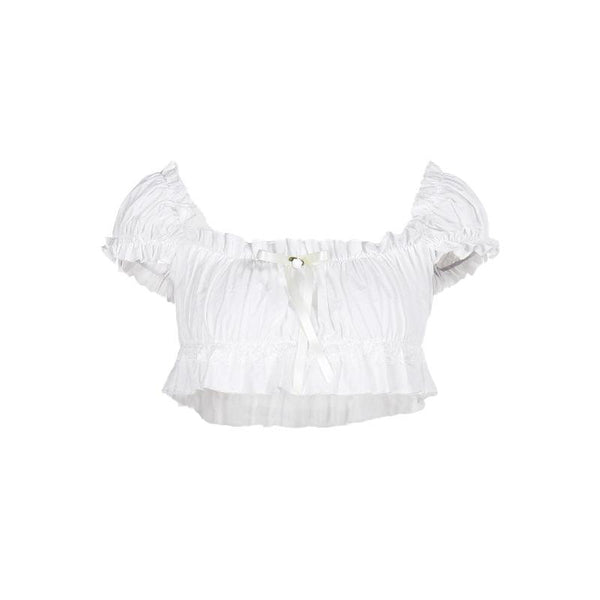 Short puff sleeve ruched ruffle bowknot crop top