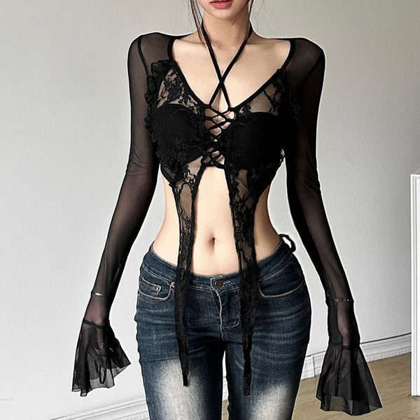 Long flared sleeve mesh see through lace up crop top