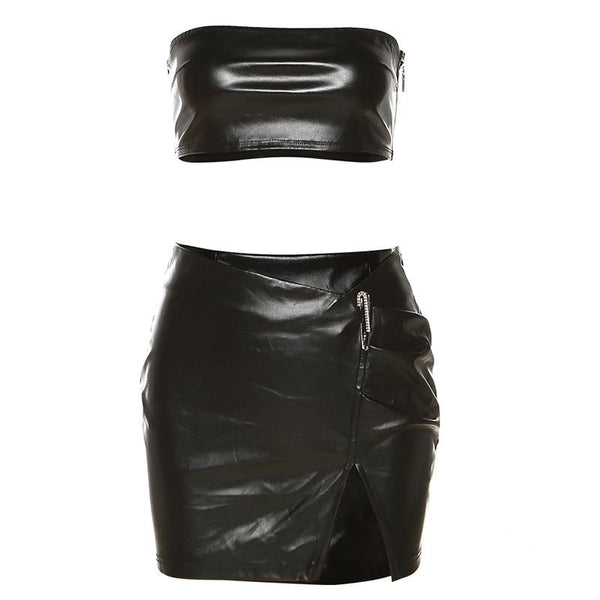 PU leather zip-up tube short pant set