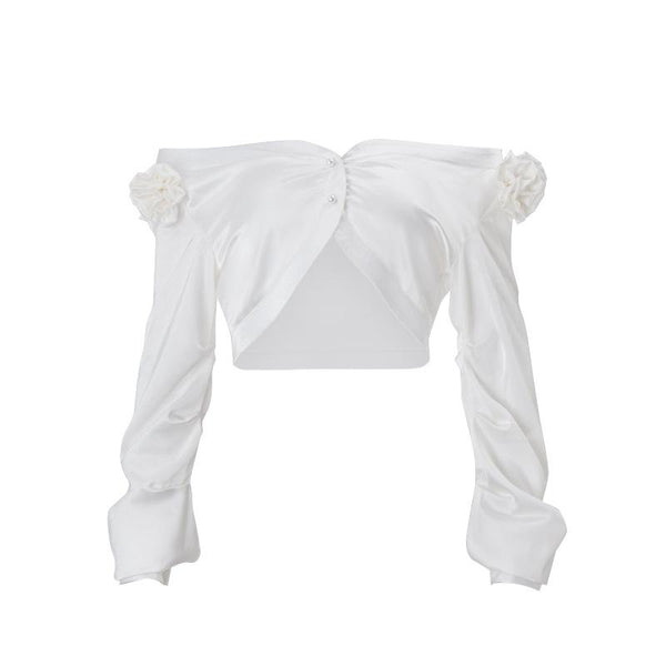 Long sleeve off shoulder flower applique button top