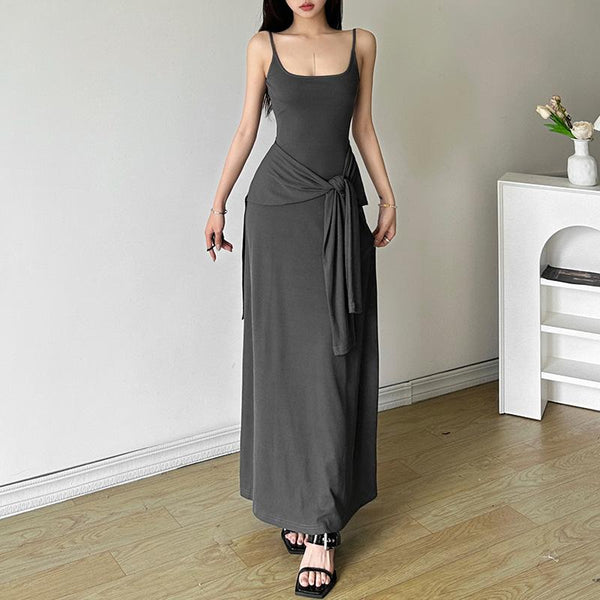 U neck knotted solid backless cami maxi dress
