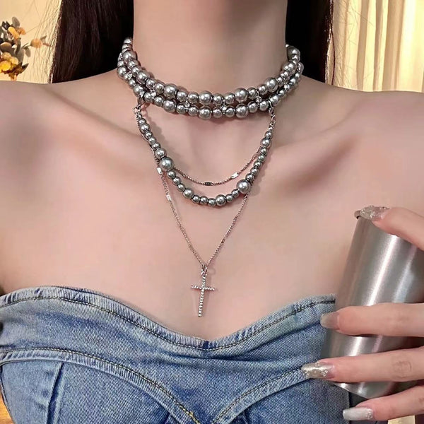 Beaded layered cross choker necklace
