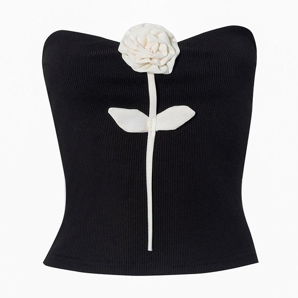 Rose applique ribbed backless tube top