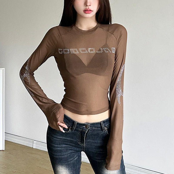 Long sleeve beaded sheer mesh top