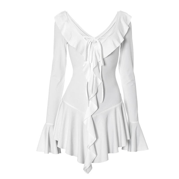 Long flared sleeve ruffle v neck mini dress