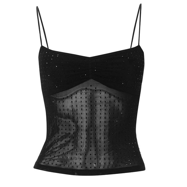 Beaded mesh patchwork backless cami top