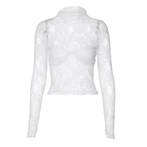 Long sleeve high neck lace see through ruched top