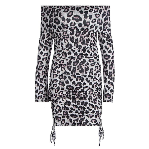 Long sleeve leopard print off shoulder ruched mini dress