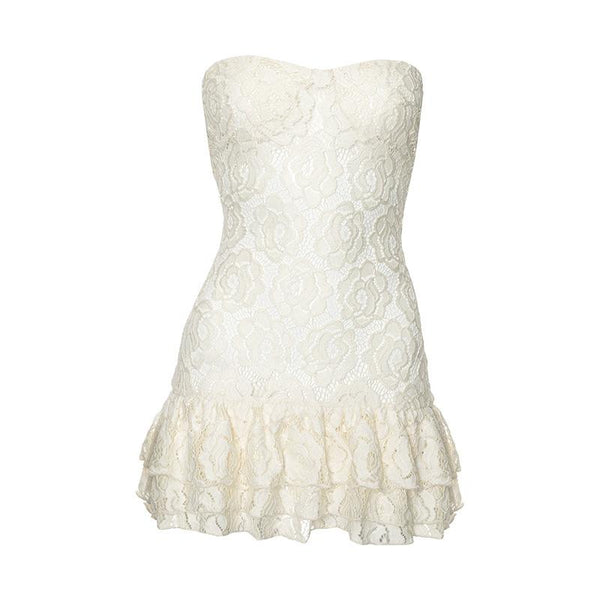 Lace ruffle sweetheart neck tube mini dress