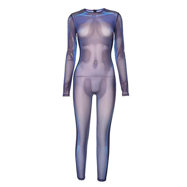 Long sleeve crewneck body print zip-up sheer mesh jumpsuit