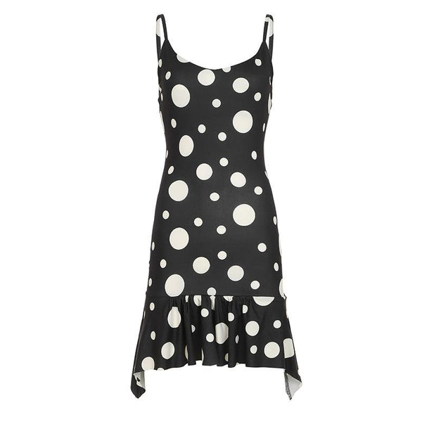 U neck polka dot ruffle cami mini dress