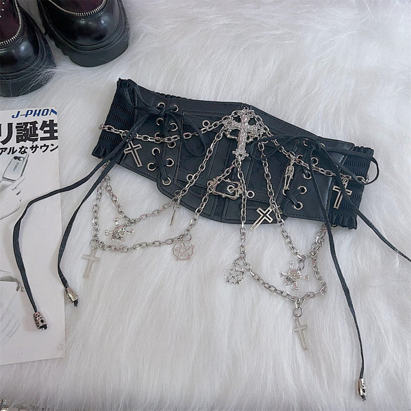 PU leather metal chain cross applique waist chain