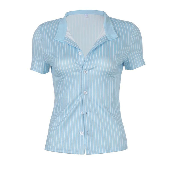 Turnover collar short sleeve striped print button top