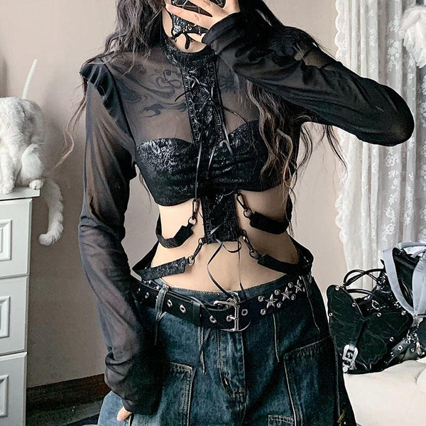 Long sleeve mesh patchwork ruched crop top