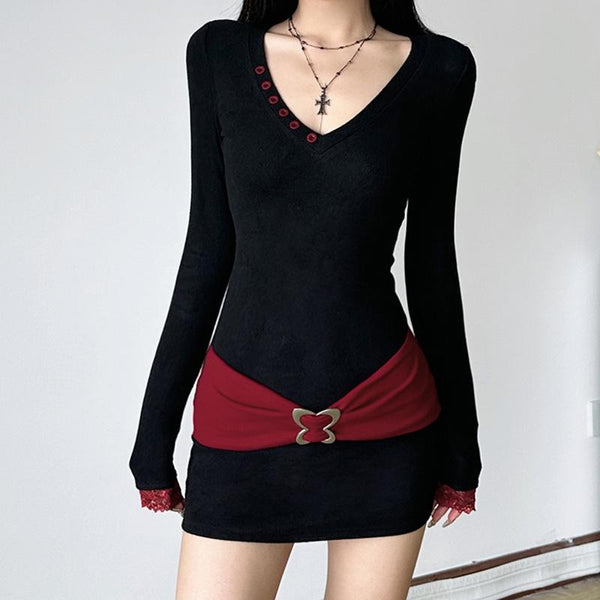 Long sleeve v neck butterfly metal buckle mini dress