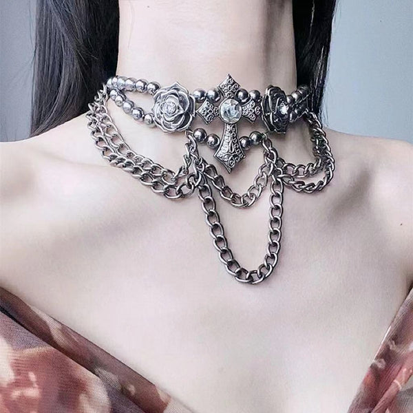 Rose cross beaded choker necklace