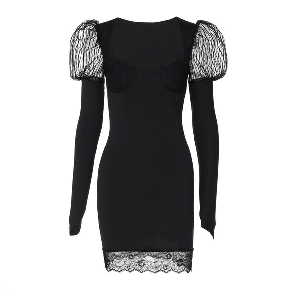 Long sleeve lace hem u neck solid mini dress