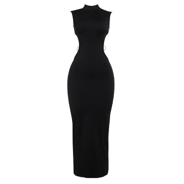 High neck o ring butterfly applique backless slit midi dress