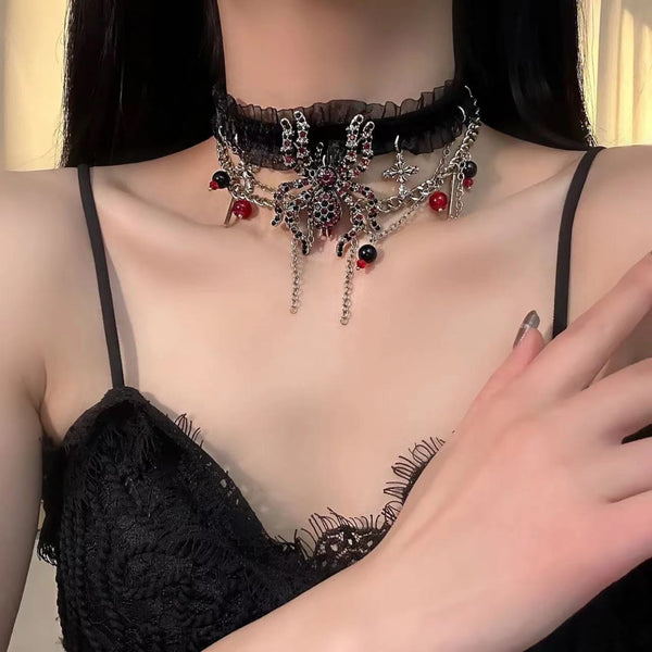 Spider beaded mesh choker necklace